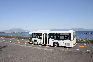桜島を見ながら走る鹿児島交通バス